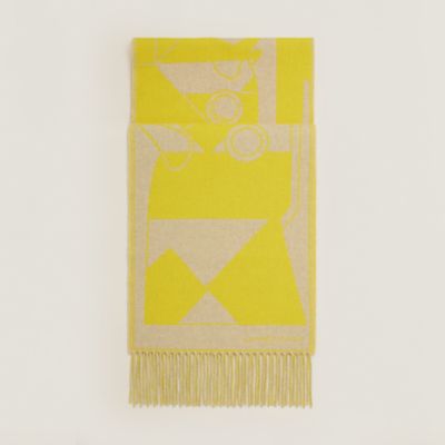 HERMES◼️カシミヤマフラー◼️イエロー HERMES 【超美品】エルメス カシミヤ マフラー レザータグ